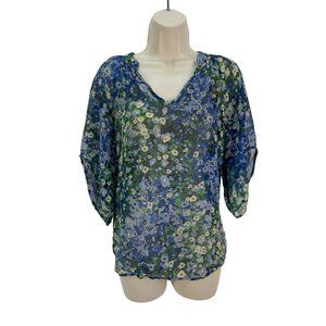 ANTHROPOLOGIE Fei Women’s Size 2 Silk Blue Floral Elbow Sleeve Blouse